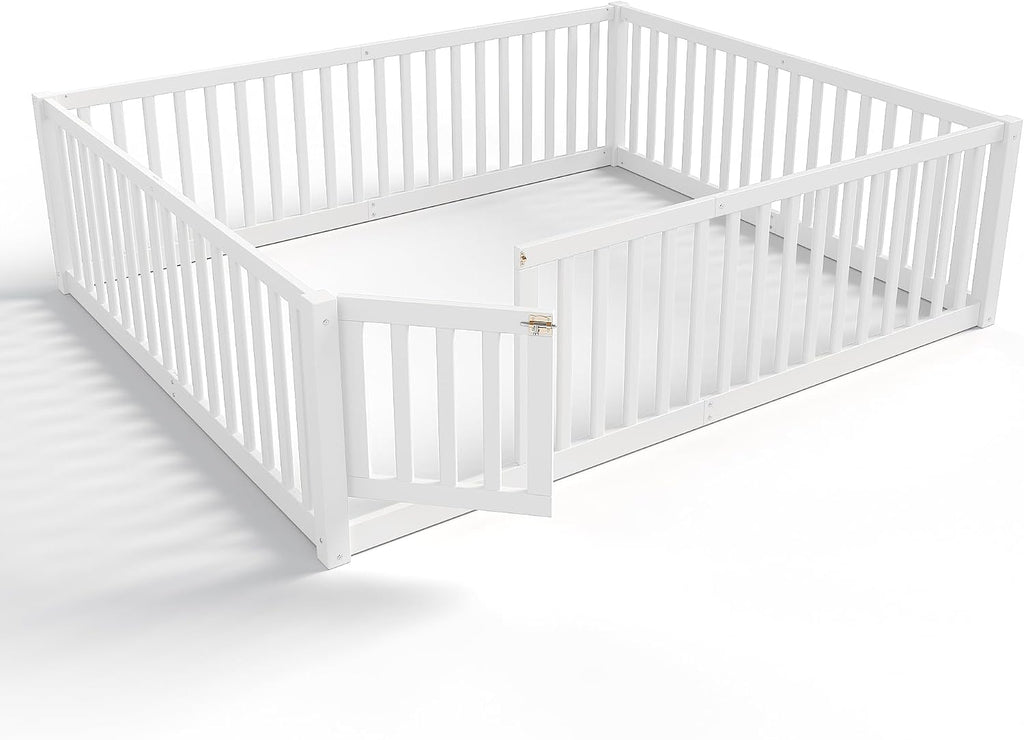 Queen Size Kids Montessori Floor Bed with Door,Solid Wood Floor Bed Frame with High Fence for Girls,Boys,White