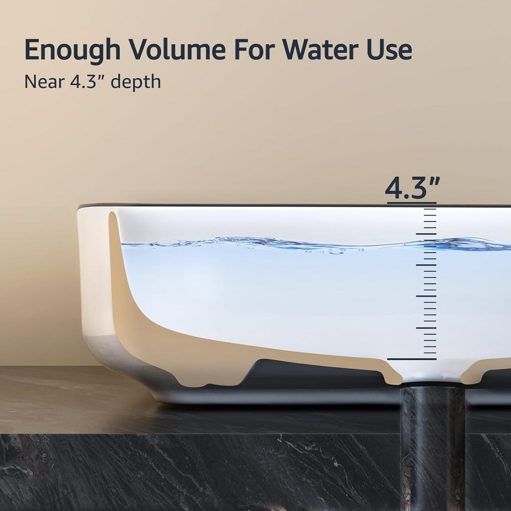 Bathroom Vessel Sink Rectangle Above Counter Porcelain Ceramic Sink Top Mount Rectanglar Countertop Sink for Bathroom 19.7"x15.2"x5.4" Glossy White with Black Rim