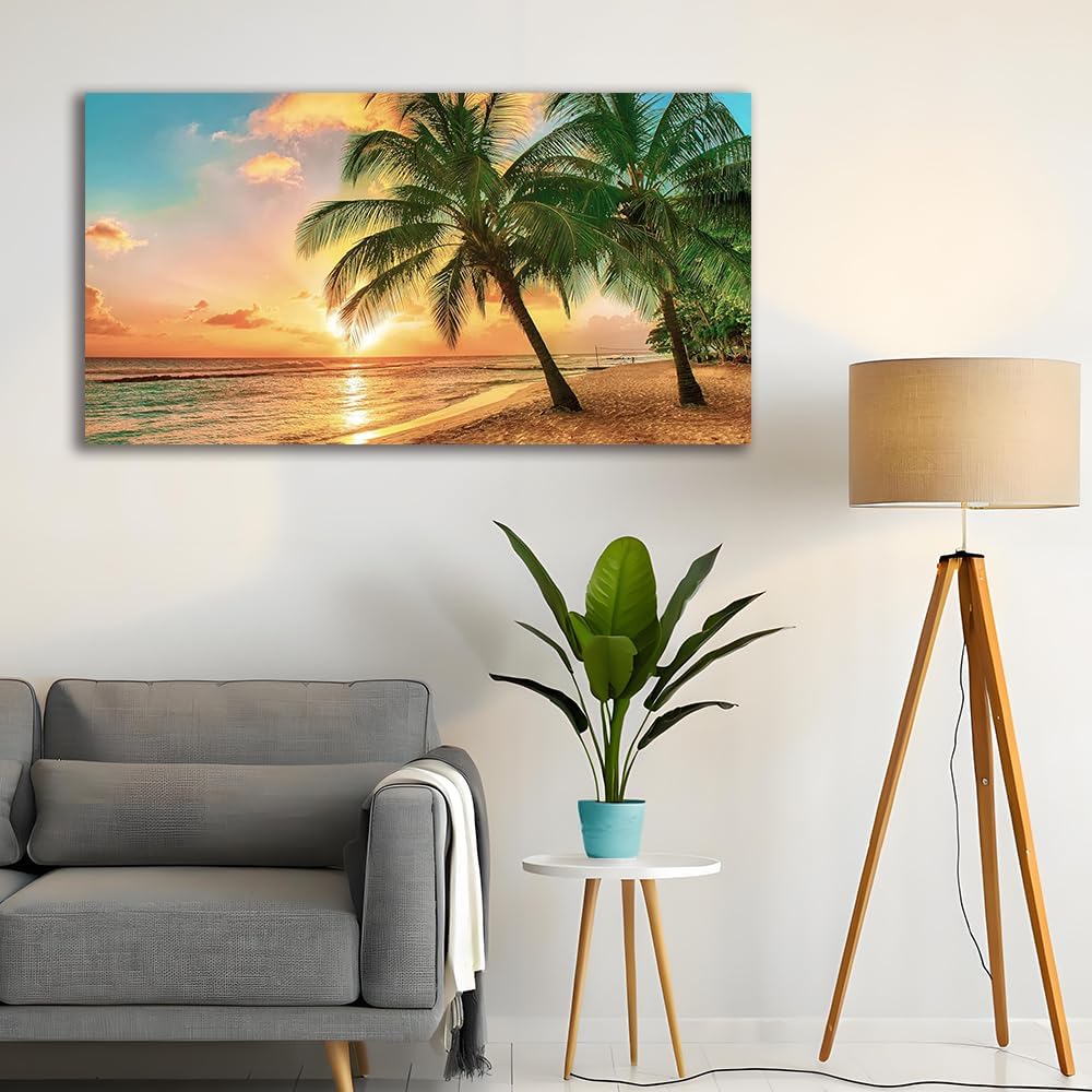 Beach Wall Art Ocean Canvas Wall Decor Tropical Palm Tree Picture for Wall Coastal Painting Gold Sunset Art Print