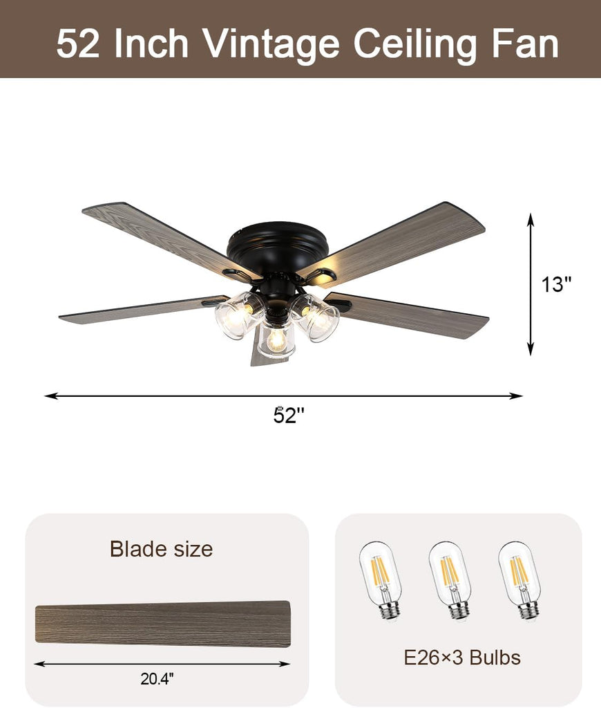 52 Inch Flush Mount Vintage Ceiling Fan with Lights and Remote