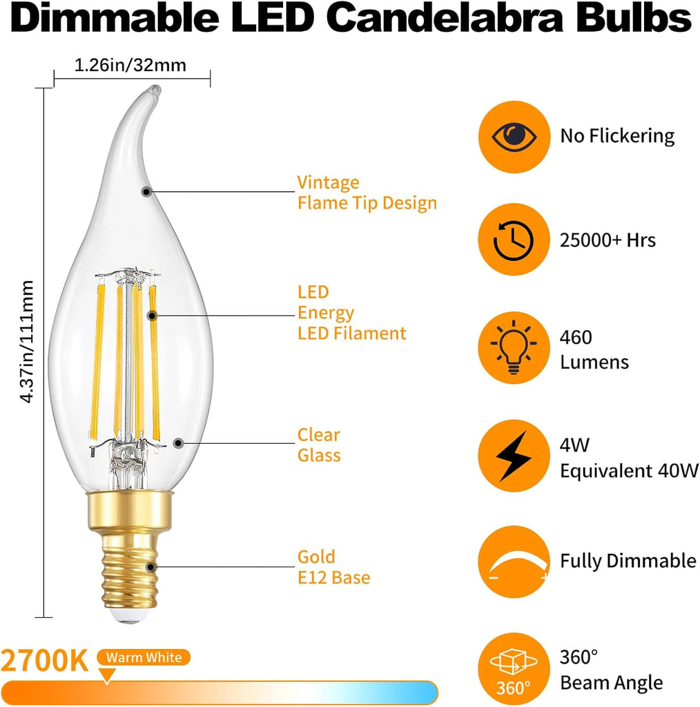 Dimmable LED Candelabra Bulbs 40 Watt Equivalent, 2700K Soft Warm White Chandelier Light Bulbs, 4W 460 Lumens Flame