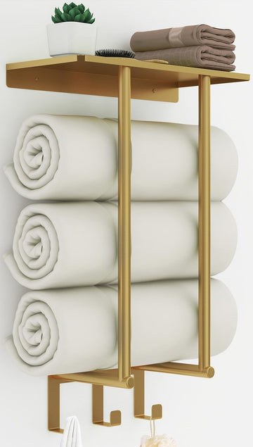 Gold Towel Rack with Shelf, Bath Towel Storage | Stainless Steel 3 Hooks Towel Racks for Small Bathroom Wall Mounted