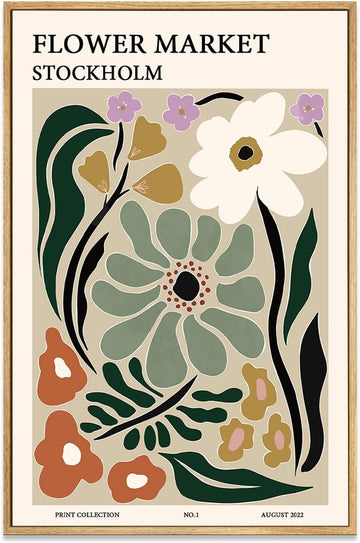 Framed Flower Market Wall Art,Green Vintage Botanical Canvas Wall Decor Paintings,Boho Floral Posters Prints Pictures