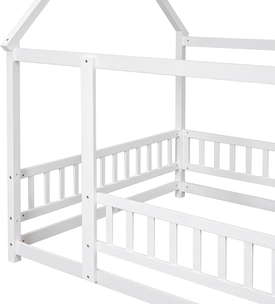 Full Size House Floor Bed,Wooden Montessori Bed with Fence and Roof for Kids,Playhouse Full Bed Frame for