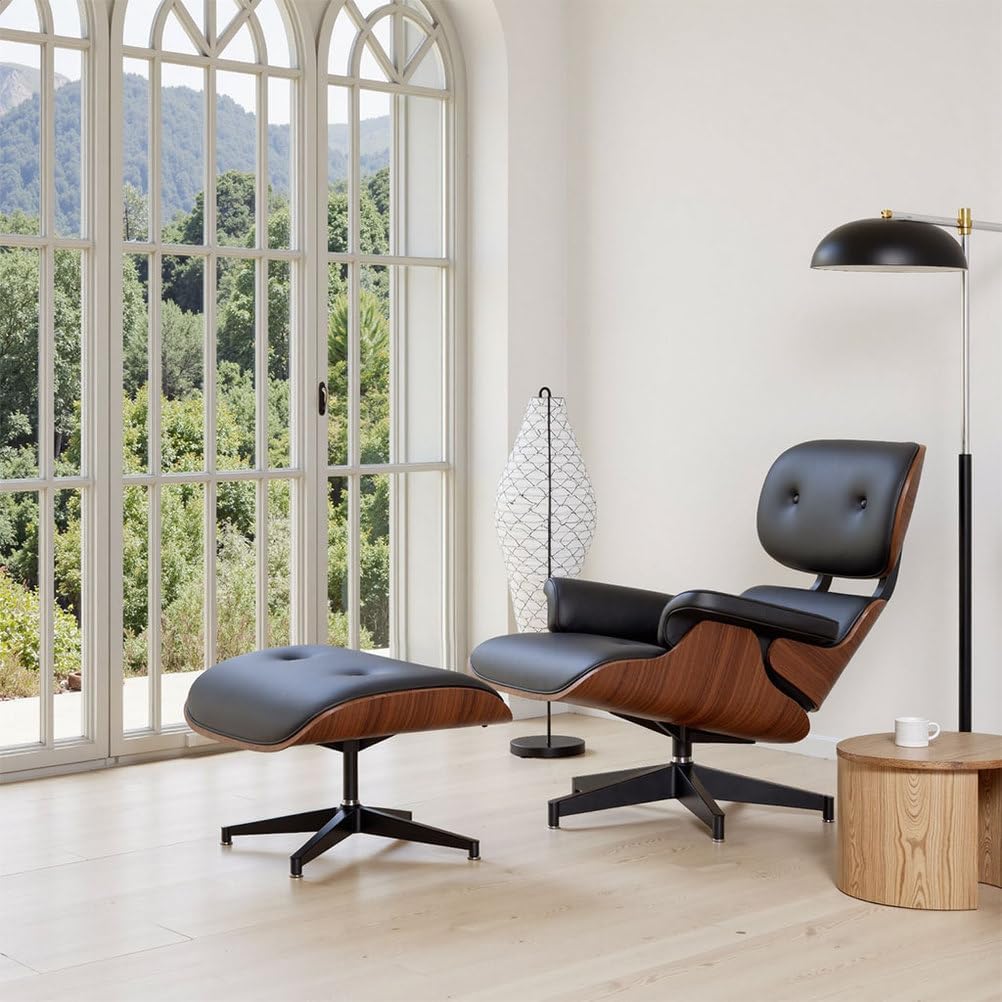 Modern Reclining Swivel Lounge Chair and Ottoman — Black Leather