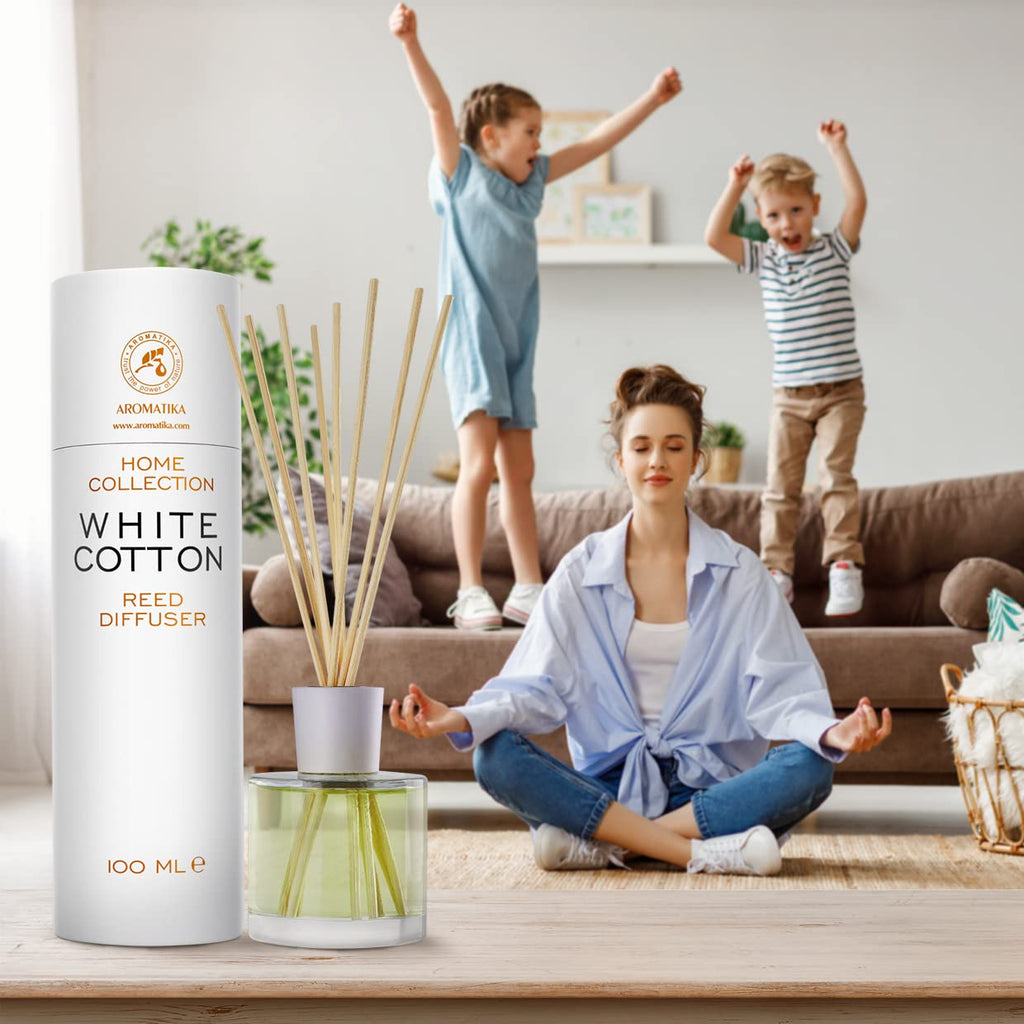 Reed Diffuser White Cotton 3.4 Fl Oz (100ml) - Room Diffuser with Floral Scent - Fragrance Diffuser with Rattan