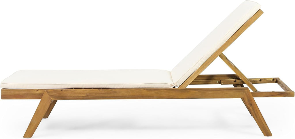 Outdoor Chaise Lounge Chair Set of 2, Acacia Wood Lounge Chair with 5-Position Adjustable Back and Cushion, Patio
