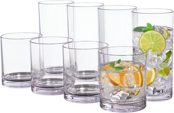 Classic Clear Plastic Reusable Drinking Glasses (Set of 8) 12oz Rocks & 16oz Water Cups | BPA-Free Tumblers, Made in USA | Top-Rack Dishwasher Safe