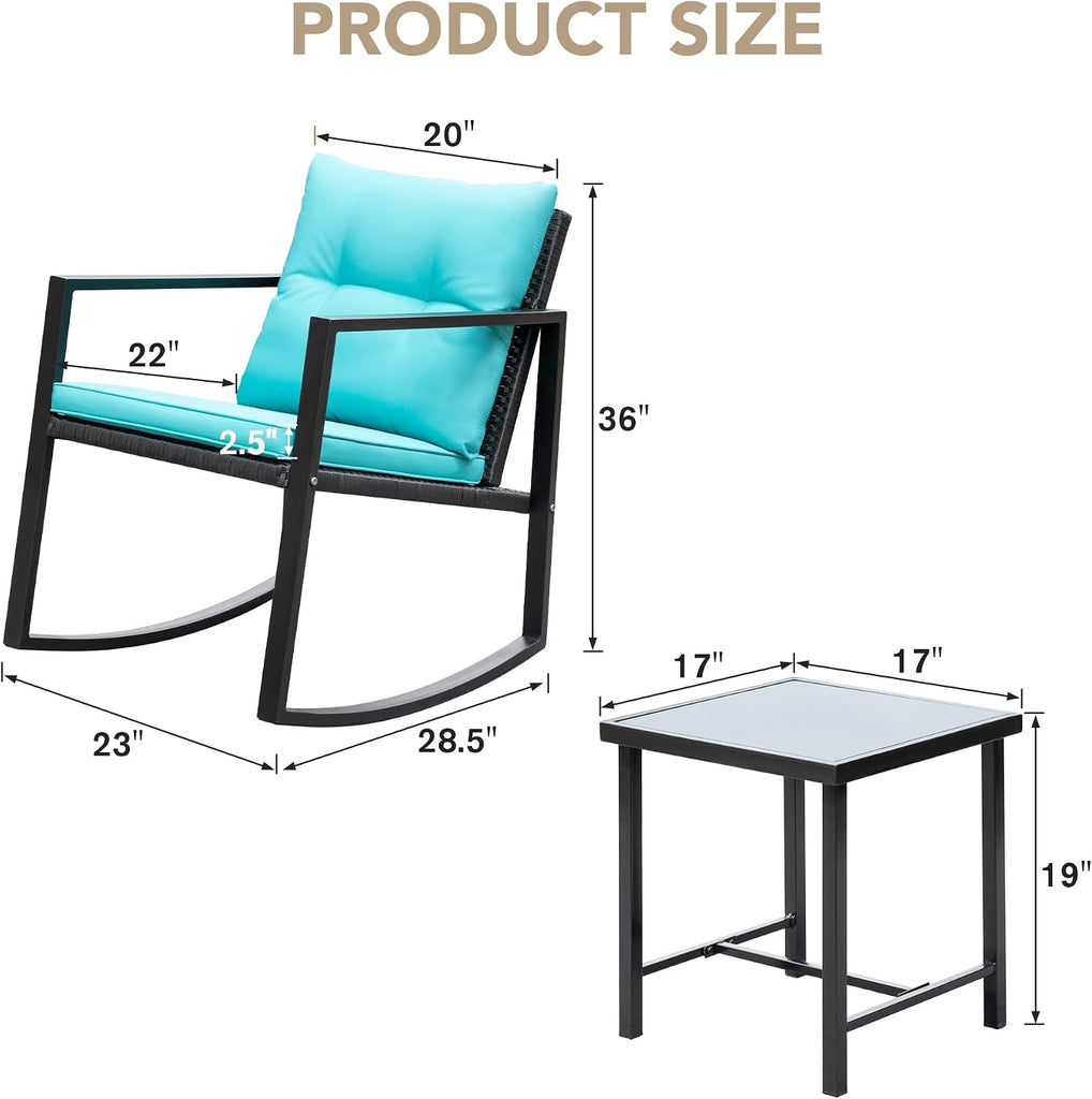 3 Pieces Patio Furniture Set Wicker Outdoor Rocking Chair, Blue | PE Rattan Patio Conversation Sets, Bistro Sets of 2