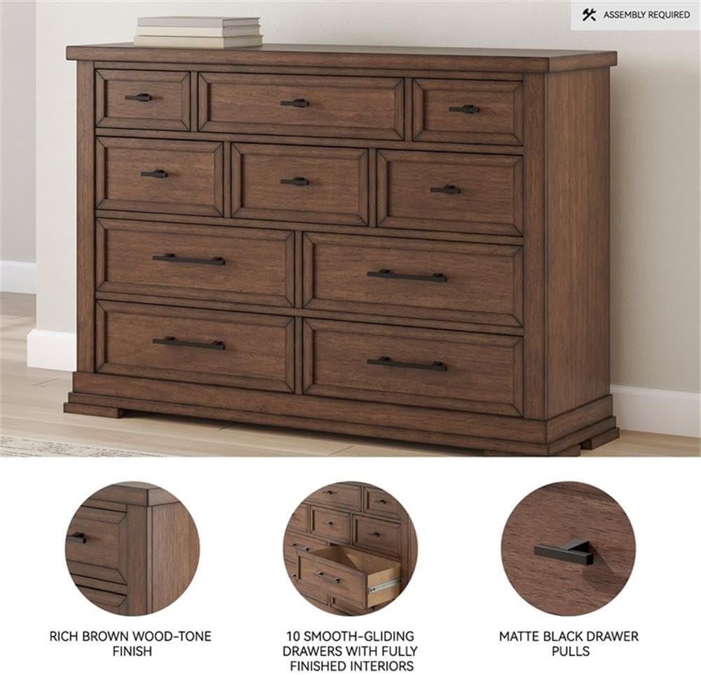 10-Drawer Double Dresser, 64 in Wide, Solid and Engineered Wood, Brown Finish, Picture Frame Detailing, Felt-Lined
