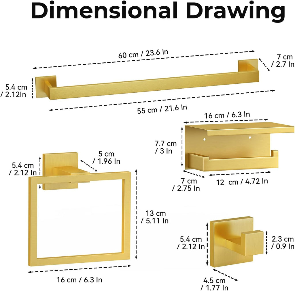 10-Piece Brushed Gold Bathroom Hardware Set SUS304 Stainless Steel, 2×23.6" Towel Bars, 2 Towel Rings, 2 Toilet Paper