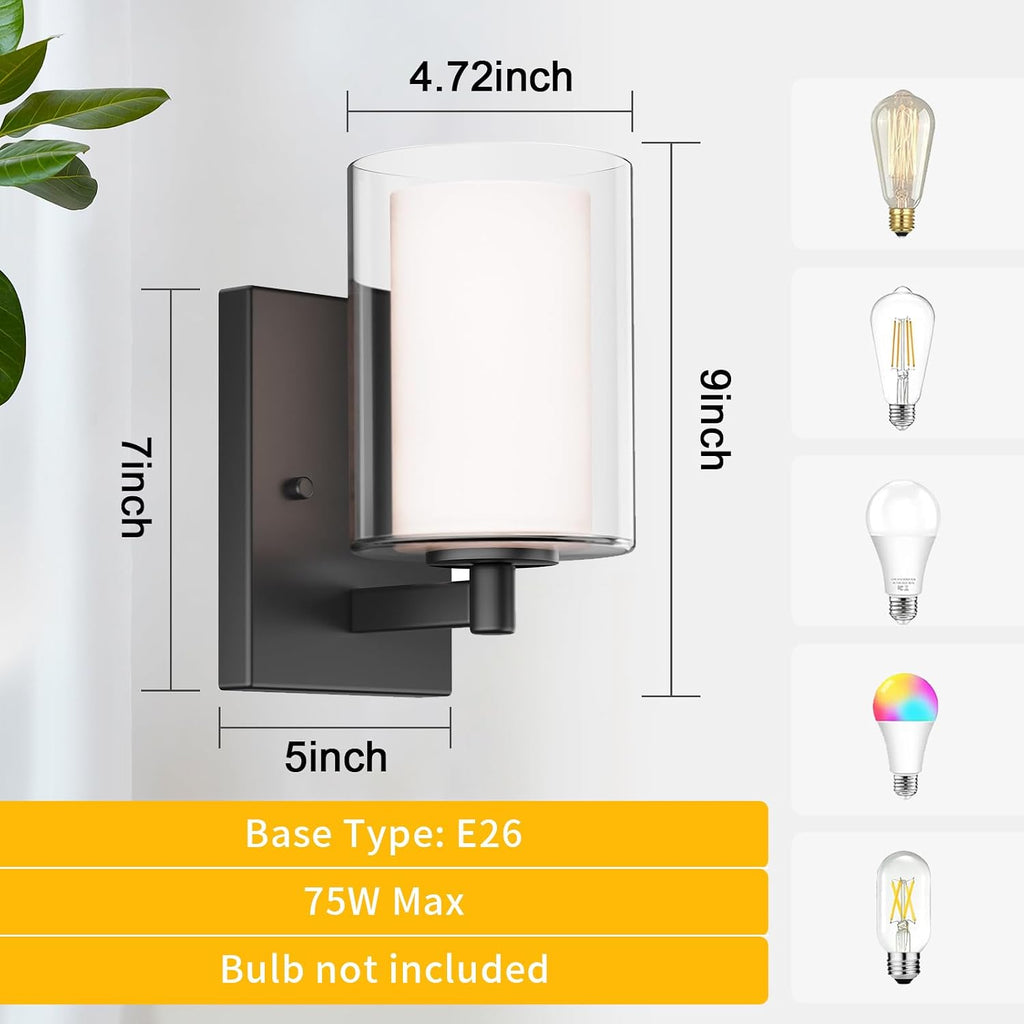 Wall Sconces Set of Two, Modern Vanity Lights with Double Clear Glass Shade Matte Black Indoor Farmhouse Wall Lights