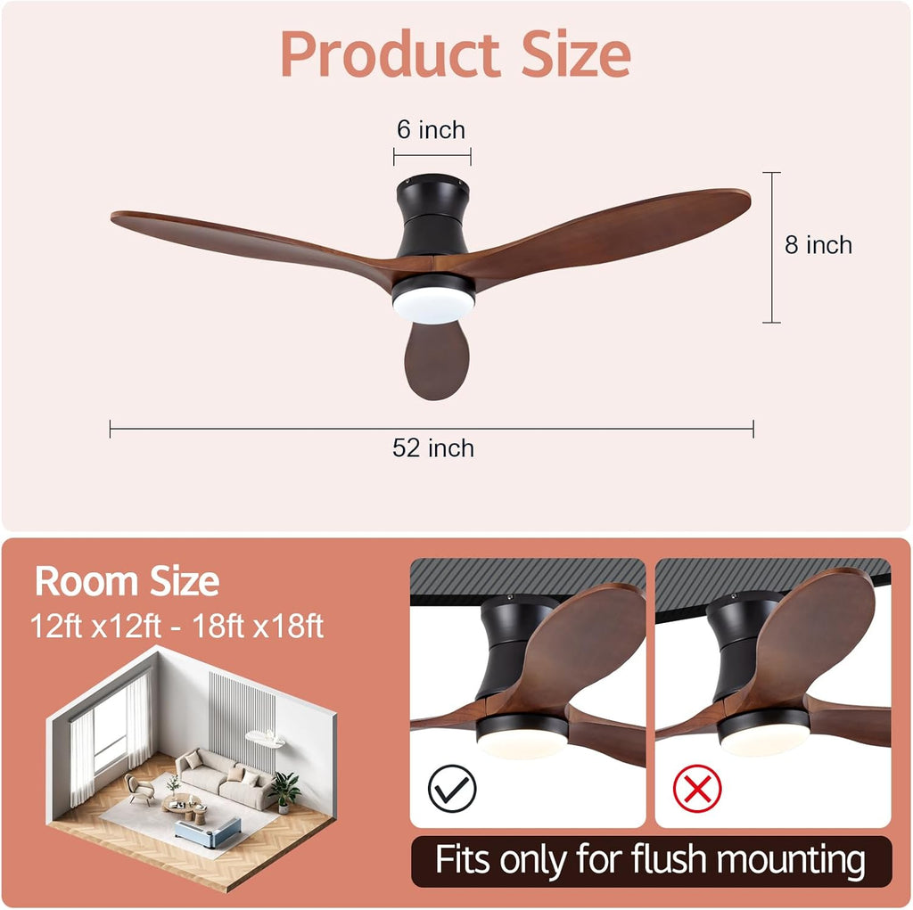 52 Inch Inspired Maverick Style Low Profile Smart Ceiling Hugger Fan with LED Light & Remote - Flush Mount, Solid Wood Blades, 6-Speed - Black