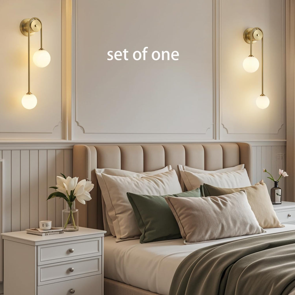 Golden Wall lamp Double Ball, mid-Century Modern Glass Wall sconces,with G9 Tricolor Bulb for Living Room Bedroom