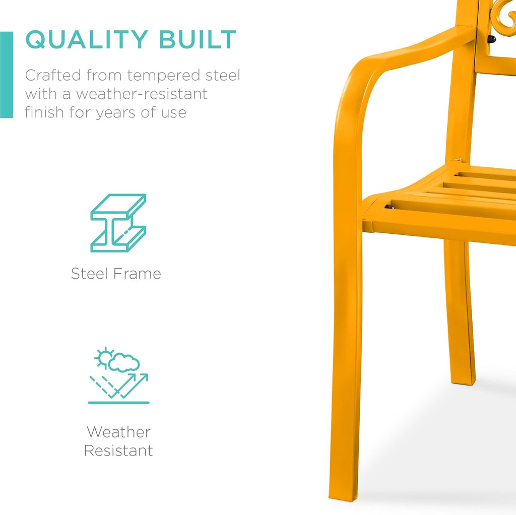 Outdoor Bench Steel Garden Patio Porch Furniture for Lawn, Park, Deck w/Floral Design Backrest, Slatted Seat
