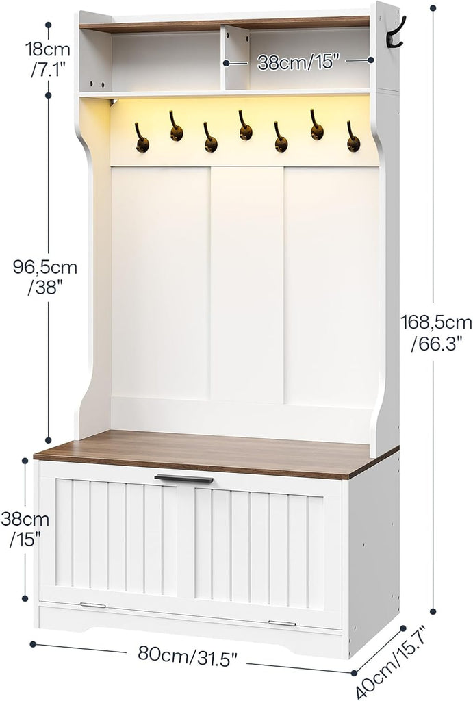 Hall Tree with Bench, 15.7''W Entryway Bench with Coat Rack, Shoe Cabinet with Flip Drawer, LED Hall Tree with 9