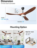 60 Inch Ceiling Fans with Lights and Remote, Solid Walnut Wood 3 Blade Modern Ceiling Fan, Quiet DC Motor, 6 Speeds, Timer, Dimmable LED, Indoor & Covered Outdoor Living Room, Bedroom, Patio (Walnut)