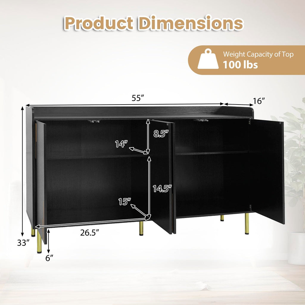 Kitchen Sideboard Buffet Cabinet with 4 Doors, 55" Long Kitchen Buffet Cabinet with 5 Gold Coated Metal Legs, Modern
