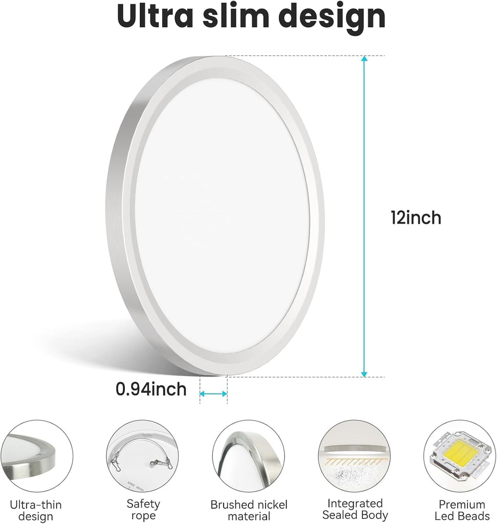 12 inch Flush Mount LED Ceiling Light Fixture, 3000K 4000K 6500K Adjustable, 28W 3200lm Brushed Nickel Satin Round