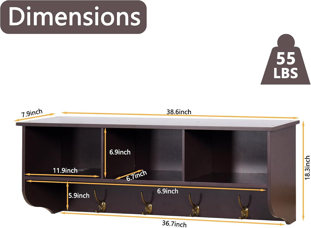 38" Coat Rack Wall Mount with Shelf, Wall Mounted Coat Rack with 3 Storage Cubbies and 4 Dual Hooks,Wooden Mudroom