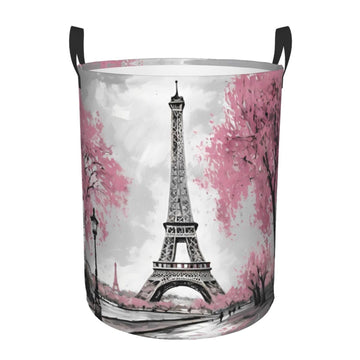 62l Round Laundry Hamper Retro Paris Eiffel Tower Storage Basket Waterproof Coating Organizer Bin Clothes Toys