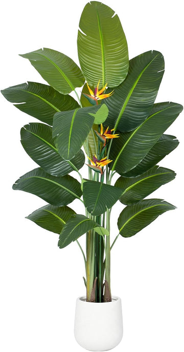 Bird of Paradise Artificial Plant in White Pot, 7ft Tall Faux Banana Leaf Tree with 3 Tropical Bird Flowers & 15