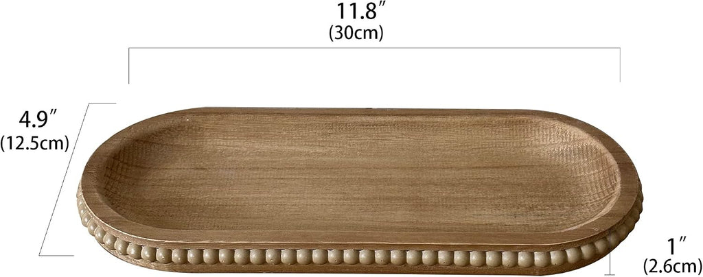 Wooden Farmhouse Decorative Tray, 11.8in Rustic Beaded Tray Decor, Kitchen Table Décor, Oval Coffee Table Serving