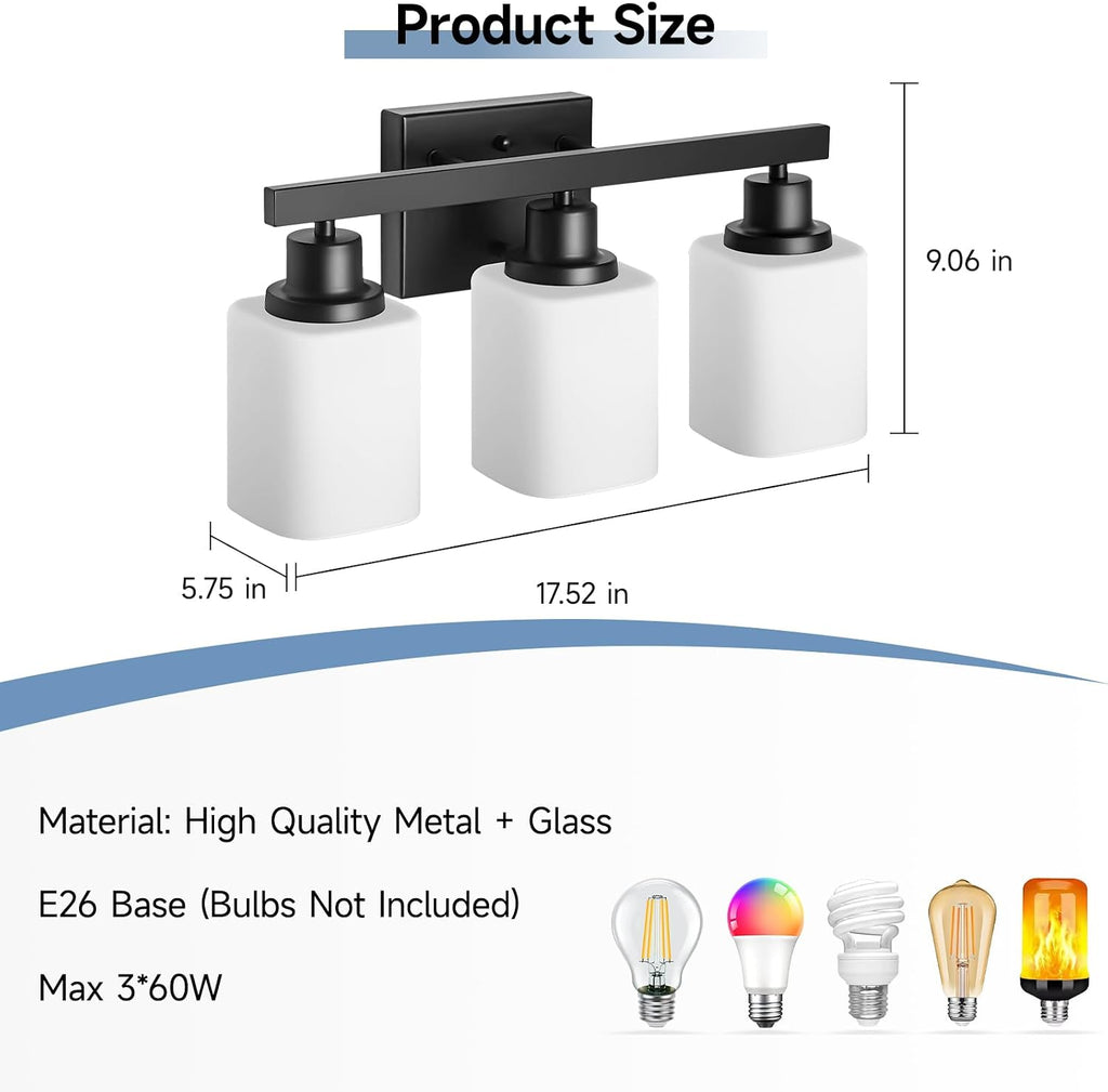 3-Light Bathroom Vanity Light,Modern Matte Black Bathroom Light Fixtures with Square Frosted Glass,Wall Sconces
