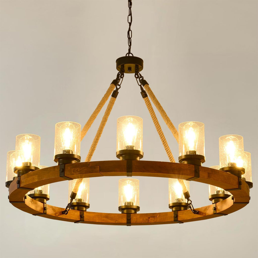 Rustic 12 Light Wagon Wheel Chandelier, Round Wood Pendant Light with Seeded Glass Shade, Farmhouse Chandeliers for Dining Room Kitchen Island Foyer Entryway A105-B0F2SQPLWT