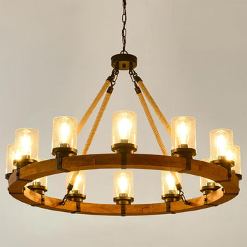 Inspired Camino Style Chandelier - Rustic 12 Light Round Wood Wagon Wheel Chandelier with Seeded Glass Shade, Farmhouse for Dining Room, Kitchen Island, Foyer and Entryway