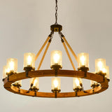 Rustic 12 Light Wagon Wheel Chandelier, Round Wood Pendant Light with Seeded Glass Shade, Farmhouse Chandeliers for Dining Room Kitchen Island Foyer Entryway A105-B0F2SQPLWT