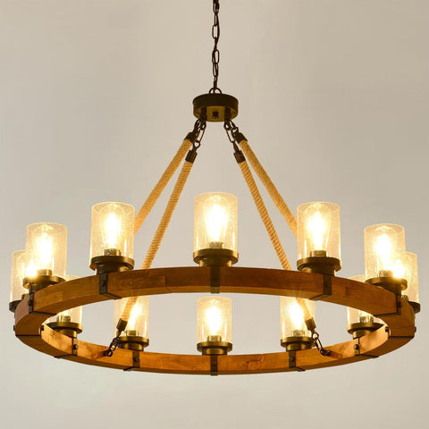 Rustic 12 Light Wagon Wheel Chandelier, Round Wood Pendant Light with Seeded Glass Shade, Farmhouse Chandeliers for Dining Room Kitchen Island Foyer Entryway A105-B0F2SQPLWT