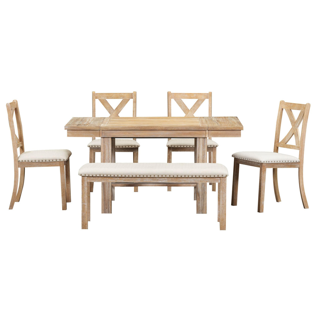 Extendable Dining Table Set with Bench and Upholstered Chairs, Natural+Beige