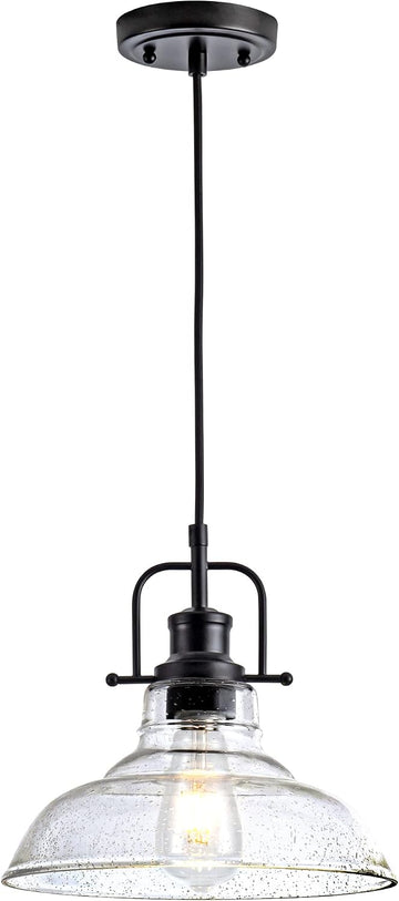 Glass Pendant Light，Black Pendant Light Fixtures with Seeded Glass Shade, Adjustable Height Hanging Lights for Hallway, Kitchen Island, Dinning Room（Bulb not Included）