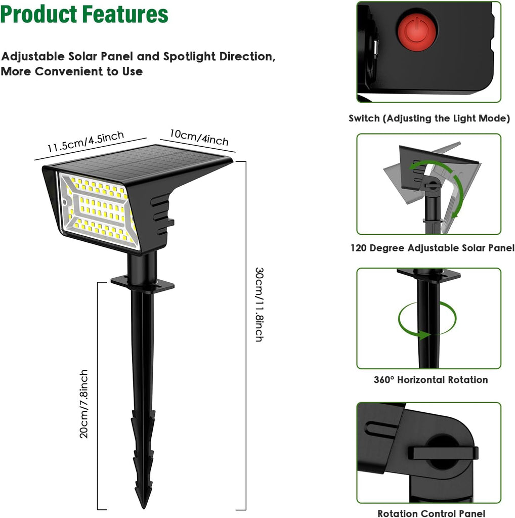 Solar Spot Lights Outdoor with 60 LED & Auto On/Off, 4 Pack Solar Lights Outdoor Waterproof IP68 with 3 Lighting