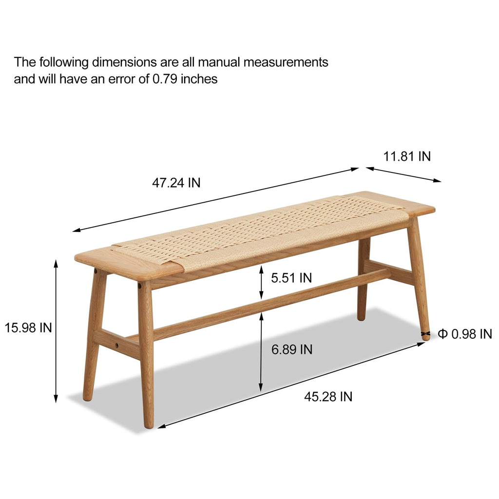 47 Inch Dining Bench, Solid Oak with Rattan Seat