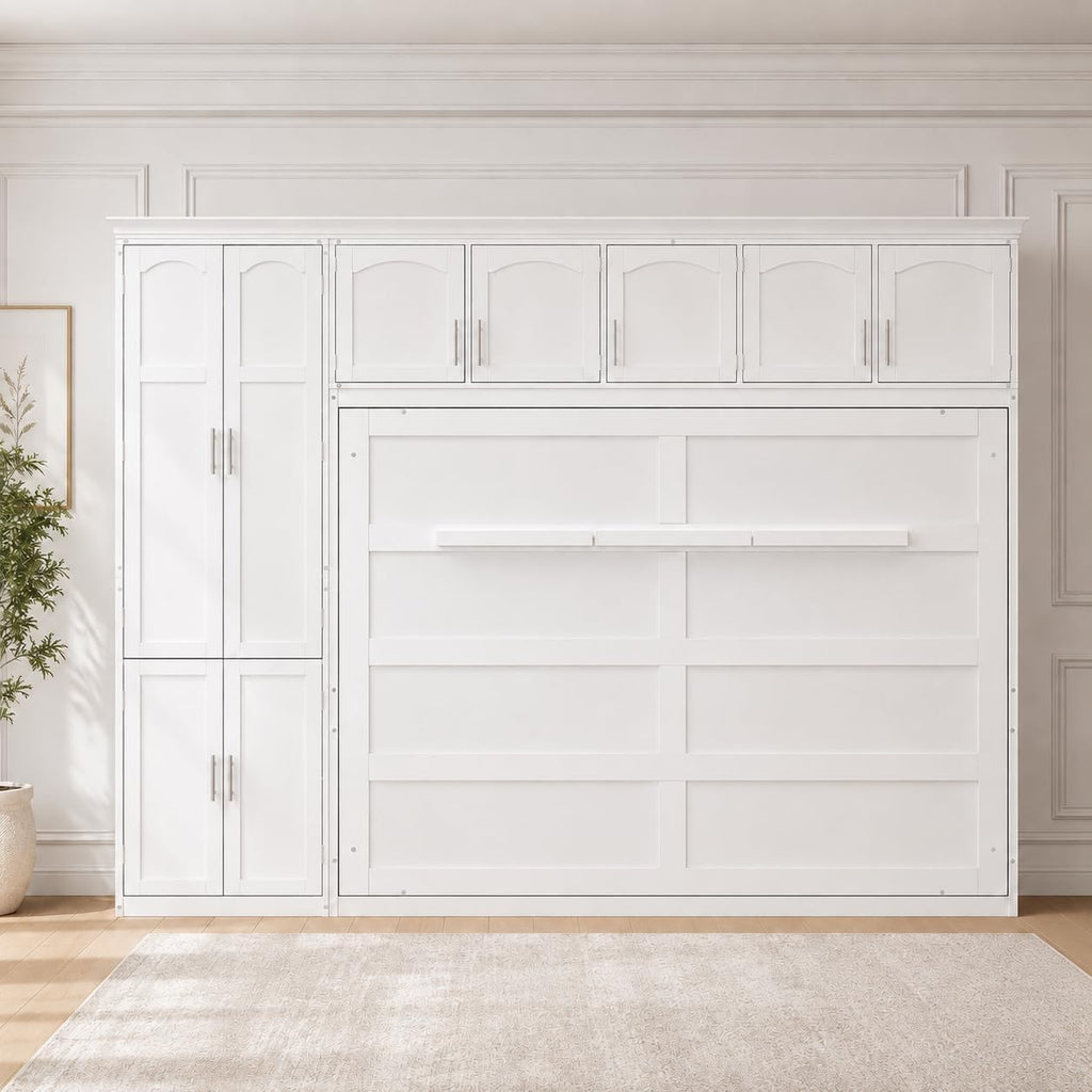 Queen Murphy Bed Wall Bed with Cabinets,White