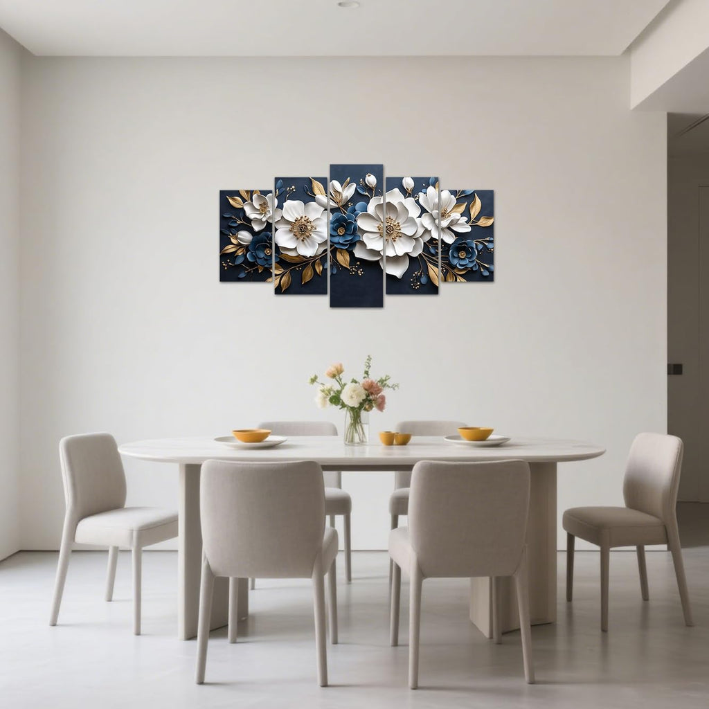 Luxury White and Gold Floral 3D Wall Art 5 Pieces Flower Picture Canvas Prints Abstract Elegant White Floral Painting - Set of 5