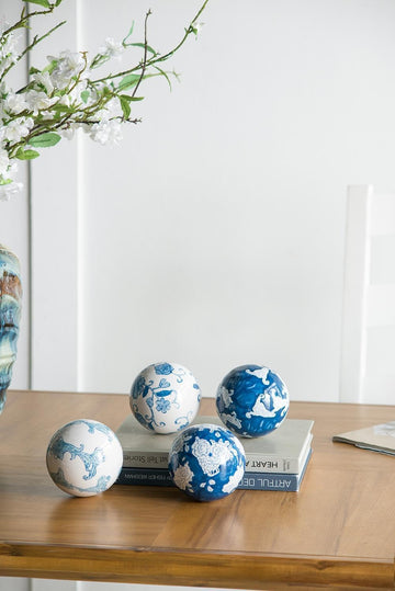 Set of 4 Ceramic Decorative Spheres - Handcrafted Blue and White Coastal Floral Orbs Decor, Tabletop Accent, Shelf