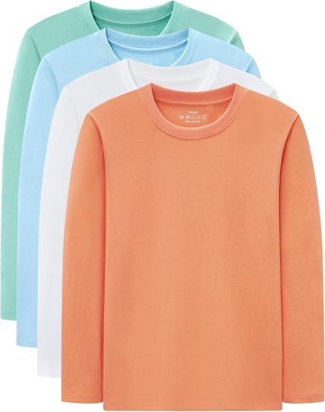 4 Pack Boys Long Sleeve Shirts Soft Cotton Tees Kids Basic Tops