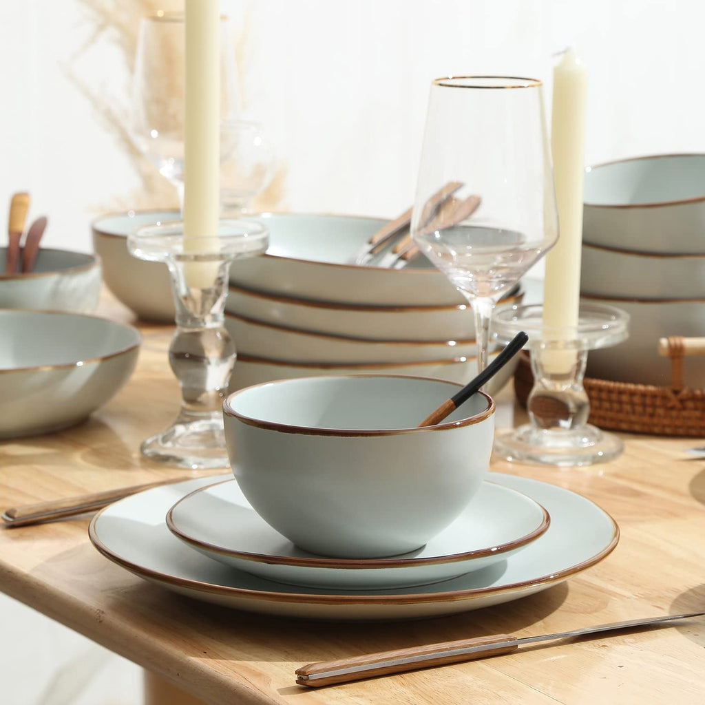 Lain Brasa Stoneware 16 Piece Modern Dinnerware Set, Plates and Bowls, Service for 4, Light Green, Microwave &