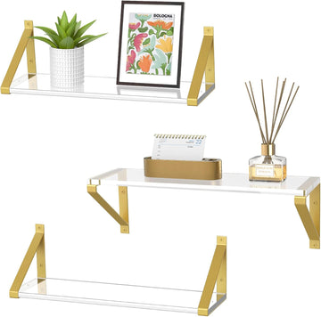 Clear Shelves, Gold Floating Shelves Wall Mounted Set of 3, 8mm Transparent Acrylic, Invisible Wall Shelves Display