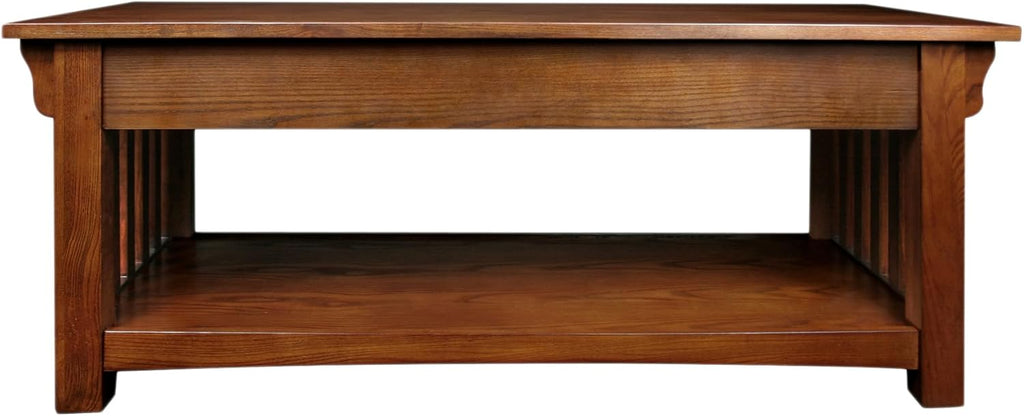 Mission Impeccable Coffee Table, Solid Wood with 2 Drawers & Shelf, Medium Oak Finish, Blackened Hardware