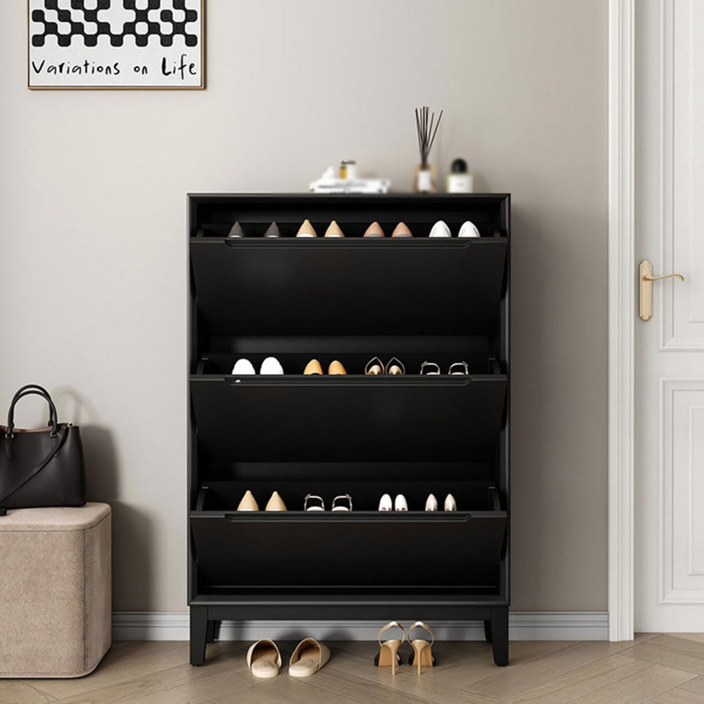 Organizer Rack,3-Tier Flip-Top Solid Wood Shoe Cabinet,Sturdy Solid Wood,Space-Saving Narrow Style, Dust-Proof,with