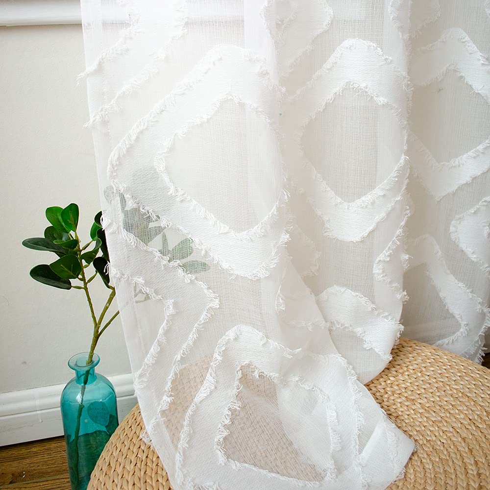 Shaggy Sheer White Curtains 84 inches Long, Diamond Patterned White Drapes Geometric Faux Linen Sheer Curtains