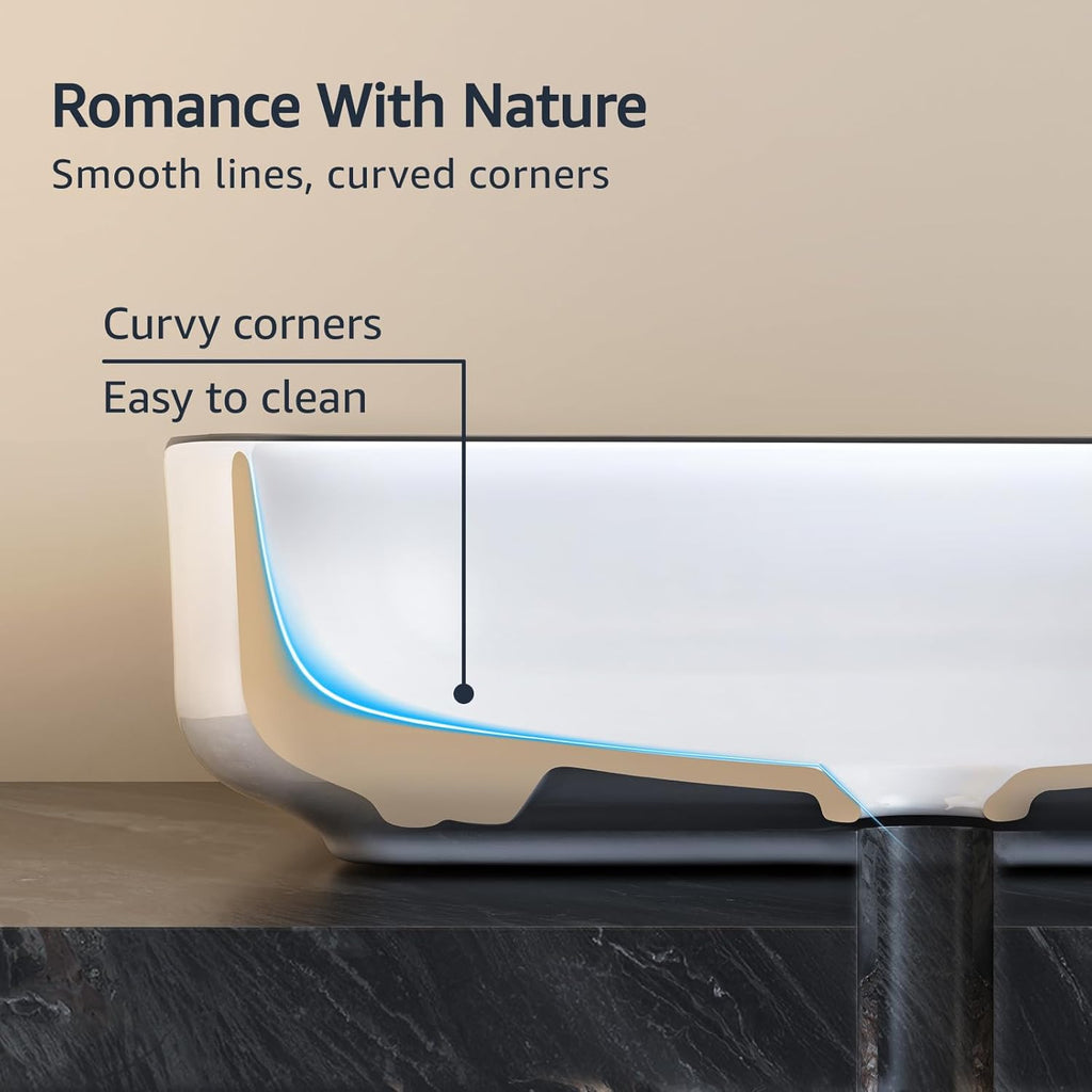 Bathroom Vessel Sink Rectangle Above Counter Porcelain Ceramic Sink Top Mount Rectanglar Countertop Sink for Bathroom 19.7"x15.2"x5.4" Glossy White with Black Rim