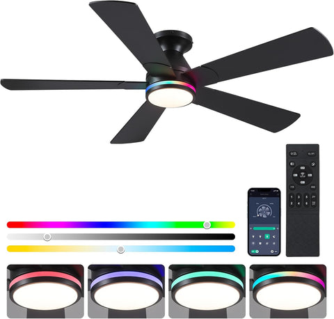 52In Black RGB Ceiling Fans with Lights - Flush Mount Low Profile Ceiling Fan Light with Remote/APP, RGB+3CCT 6 Wind Speeds and Reversible, Modern Fan Light Fixture for Party, Kid's Room A101-B0DTG9HHZY