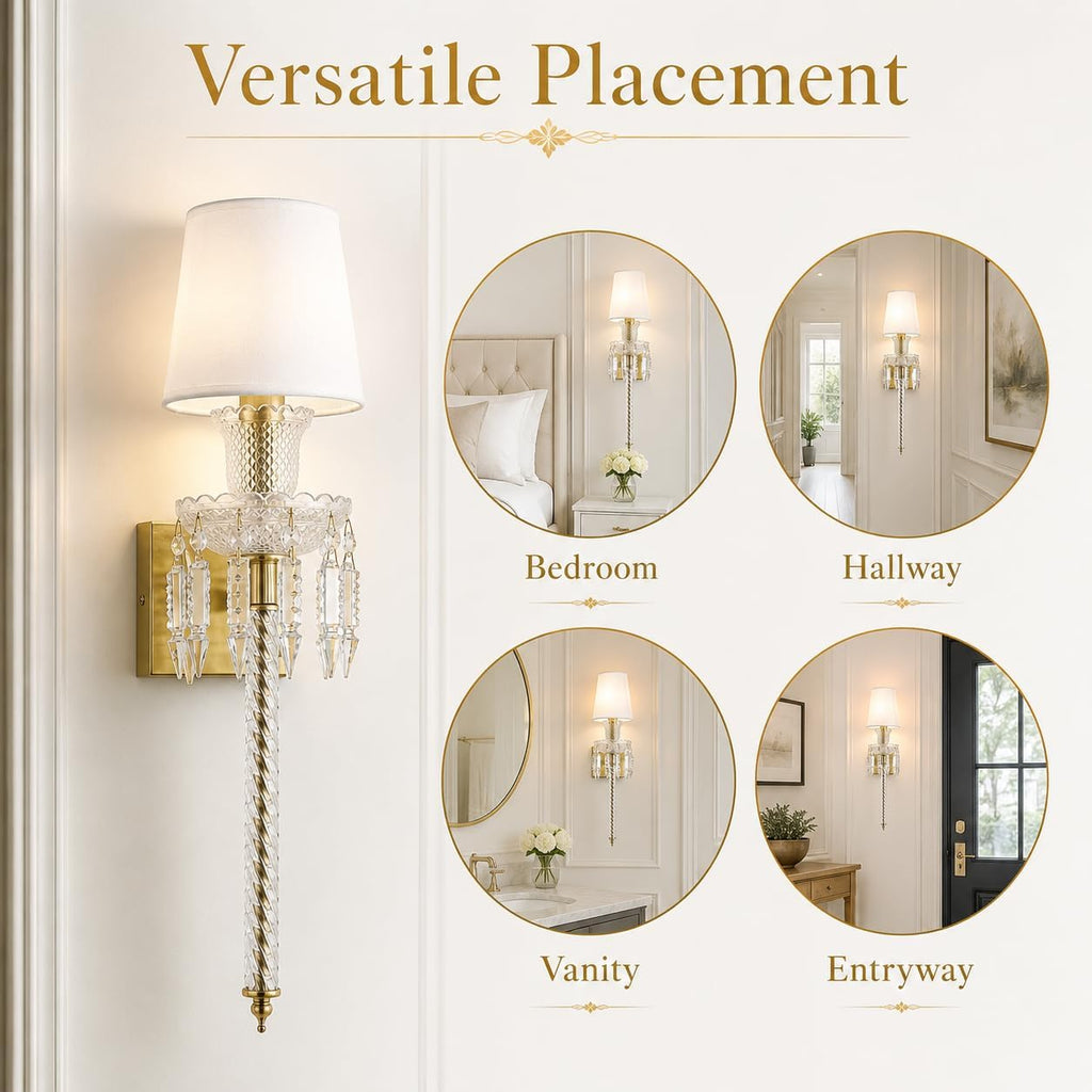 Modern Crystal Wall Sconce with Linen Shade Vintage Crystal Gold Wall Light Modern Glass Golden Wall Lamp for Bedroom, Hallway, Living Room, Mirror