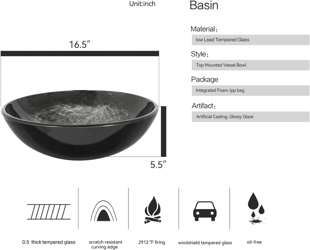 Bathroom Artistic Vessel Sink, Tempered Glass Vanity Round Bowl with Oil Rubber Bronze Faucet and Pop up drain Set