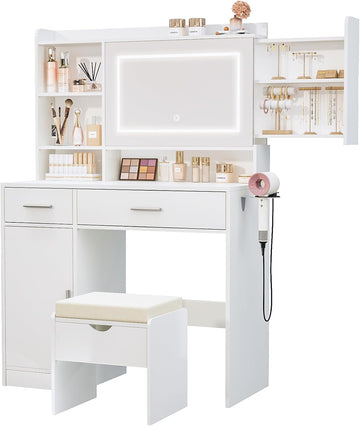Vanity Desk with Mirror and Lights, Makeup Vanity Table with Stool, Power Outlet, USB Ports, 2 Drawers, Hidden